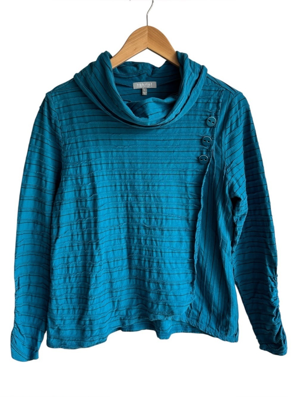 Habitat Turtleneck Striped Shirt Sz S Teal Mock Neck Pullover Top Casual Mature